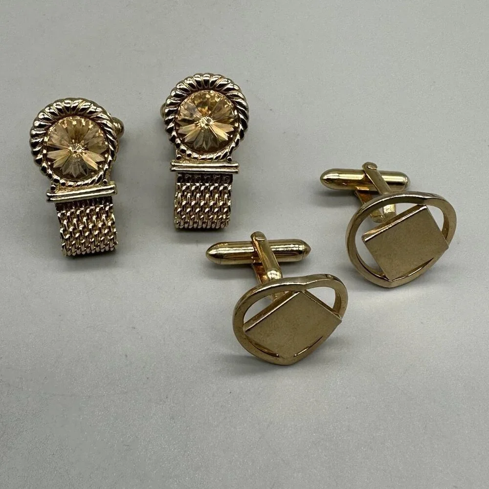 Vintage Swank Men Cufflinks Set of 2 Gold Tone Mesh Rhinestone Modern Square